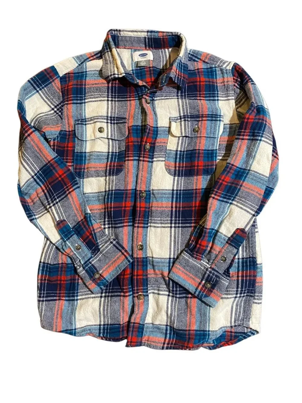 Old Navy boys flannel plaid button up blue red and white shirt 10/12
